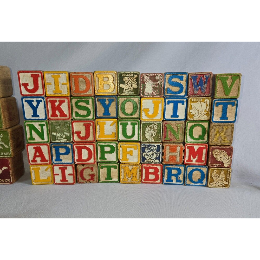 Vintage Letter Character Wood Block Truck Car Lot 110 Blocks 2 Cars Raggedy Ann - Picture 15 of 16
